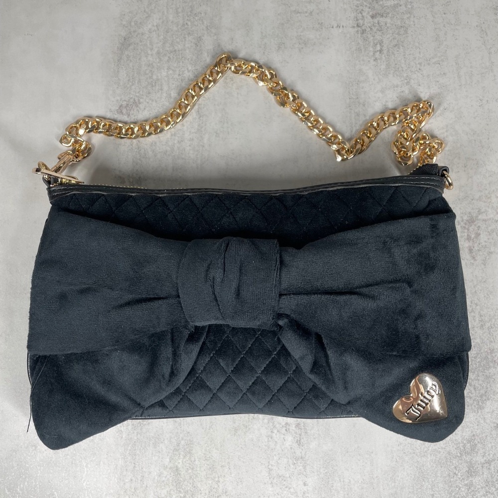 Juicy Couture Shoulder Bag Y2K Velour Velvet Bow Quilted Gold Chain Glam Black